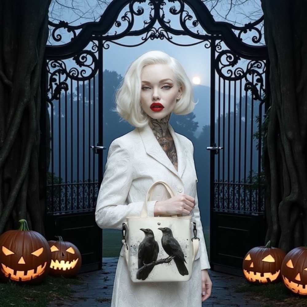 Elegant Black and Cream Tote with Raven Design